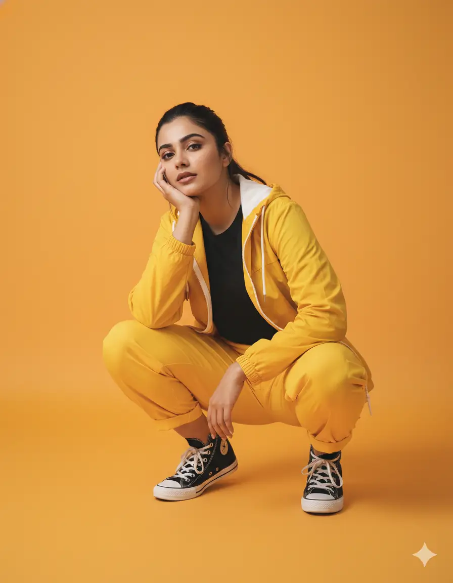 Crisp & Clean: Full-Body Yellow Windbreaker Portrait